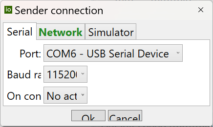 The ioSender connection dialog with Serial, Network and Simulator tabs