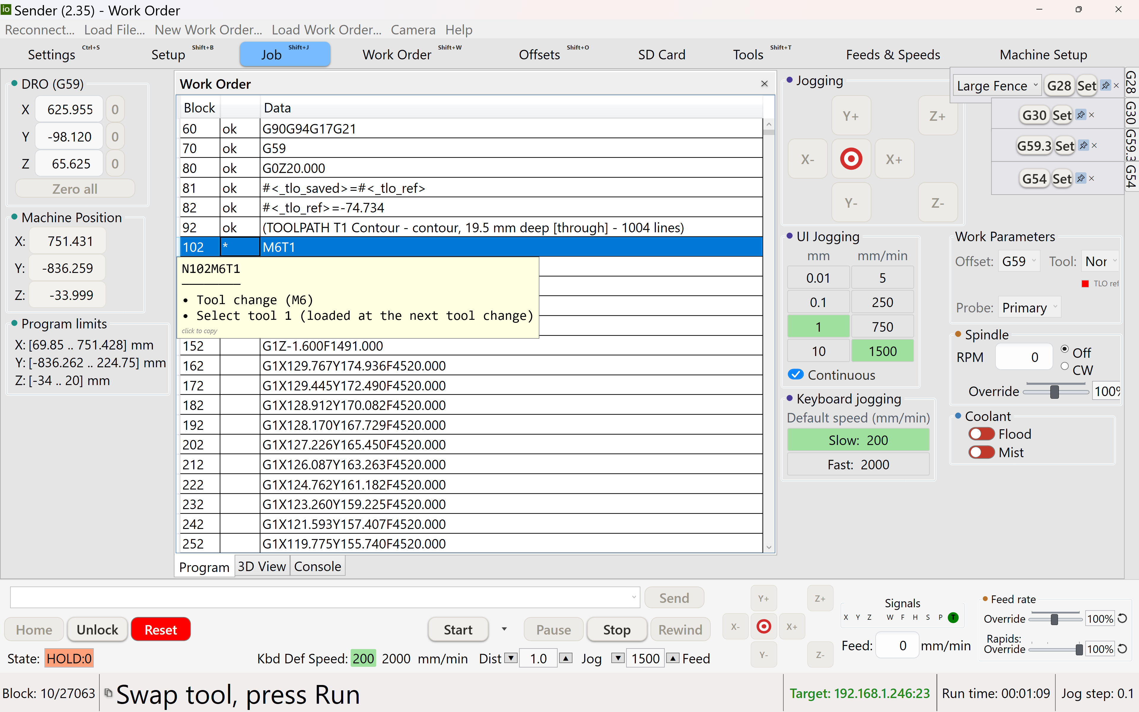 The Job screen: DRO, g-code program list, jog pad and the run strip