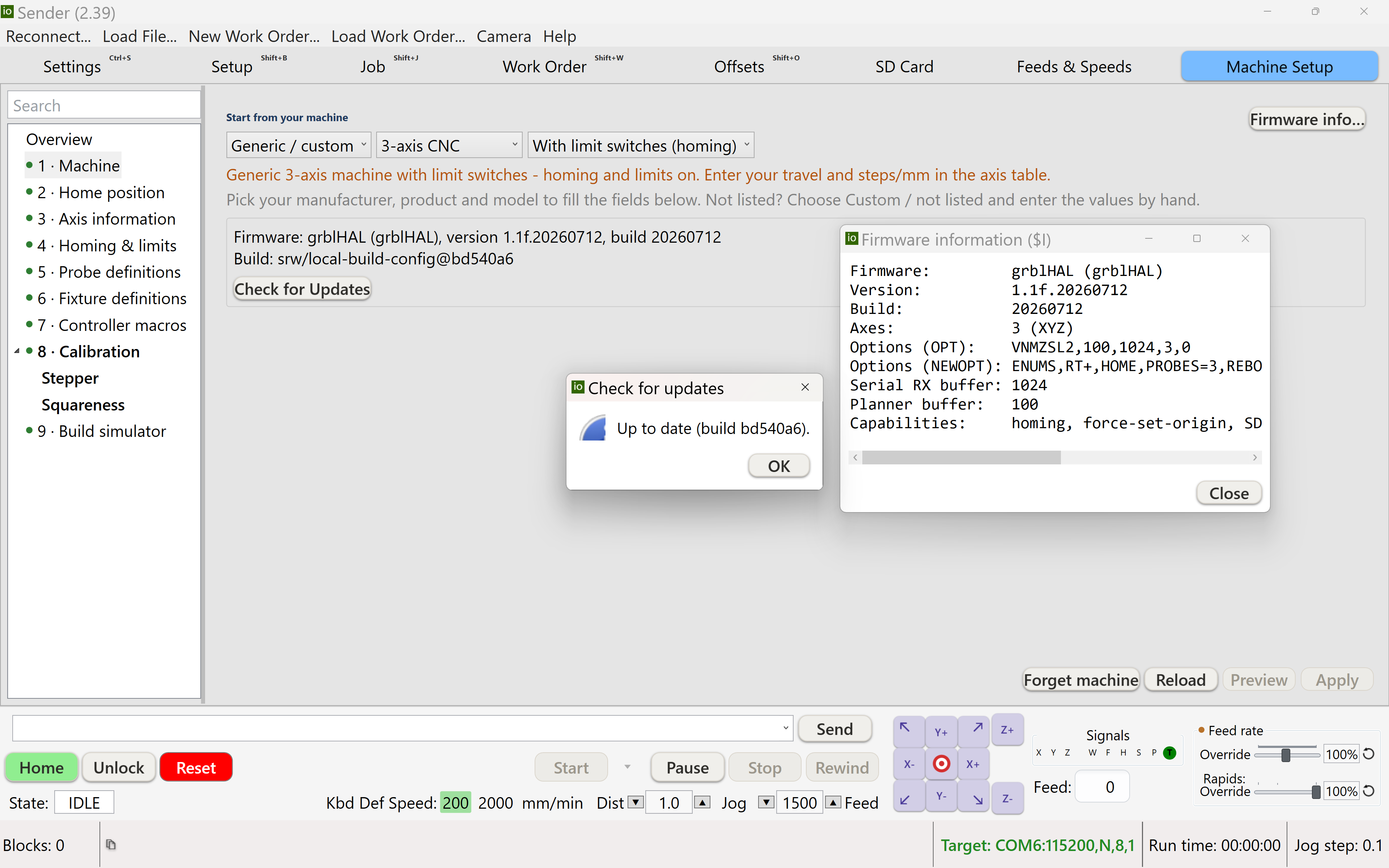 Machine Setup on step 1, with the steps listed in the navigation tree