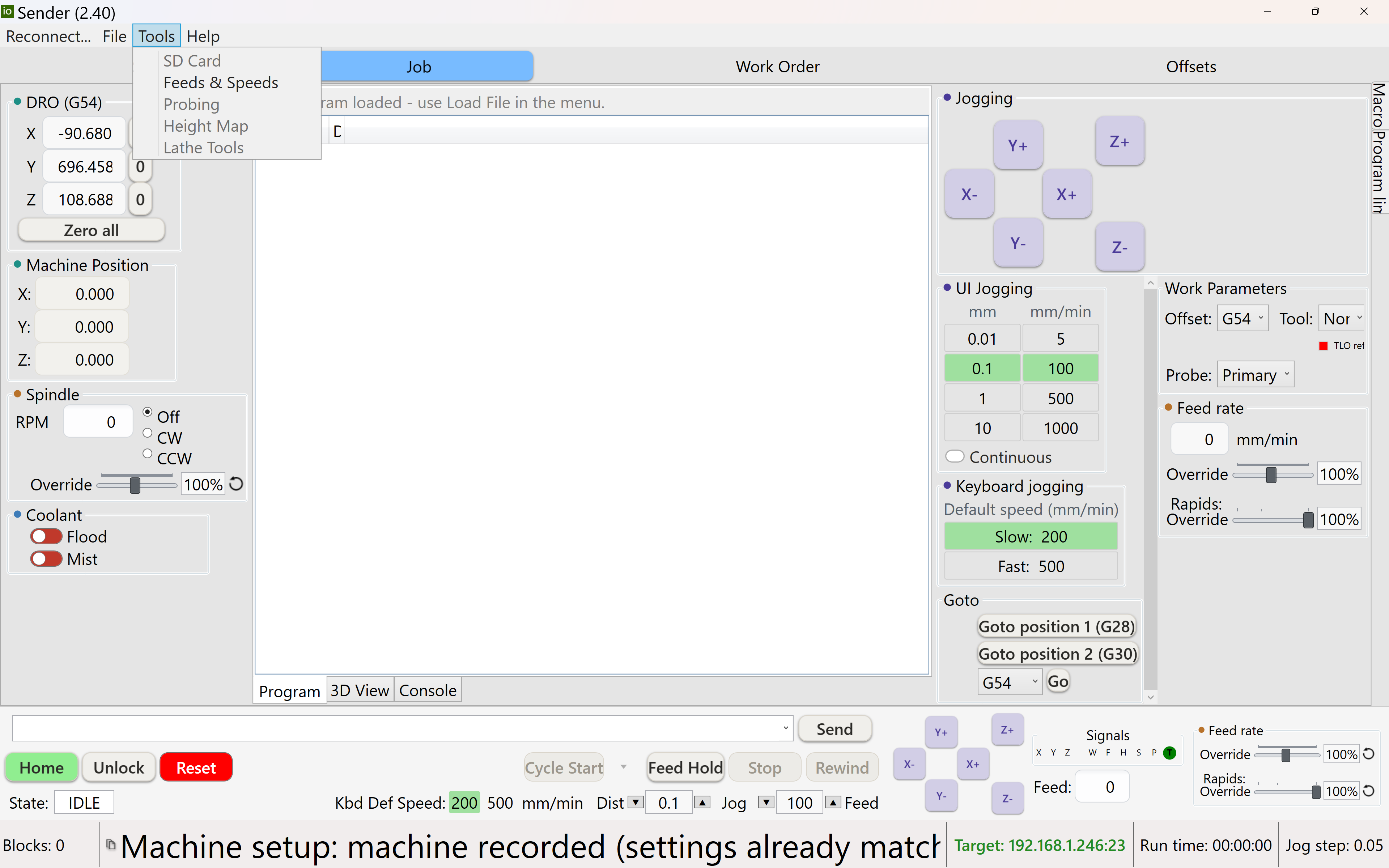 The ioSender main window with the Tools menu open, listing SD Card, Feeds and Speeds, Probing, Height Map and Lathe Tools, with the Job, Work Order and Offsets tabs behind it