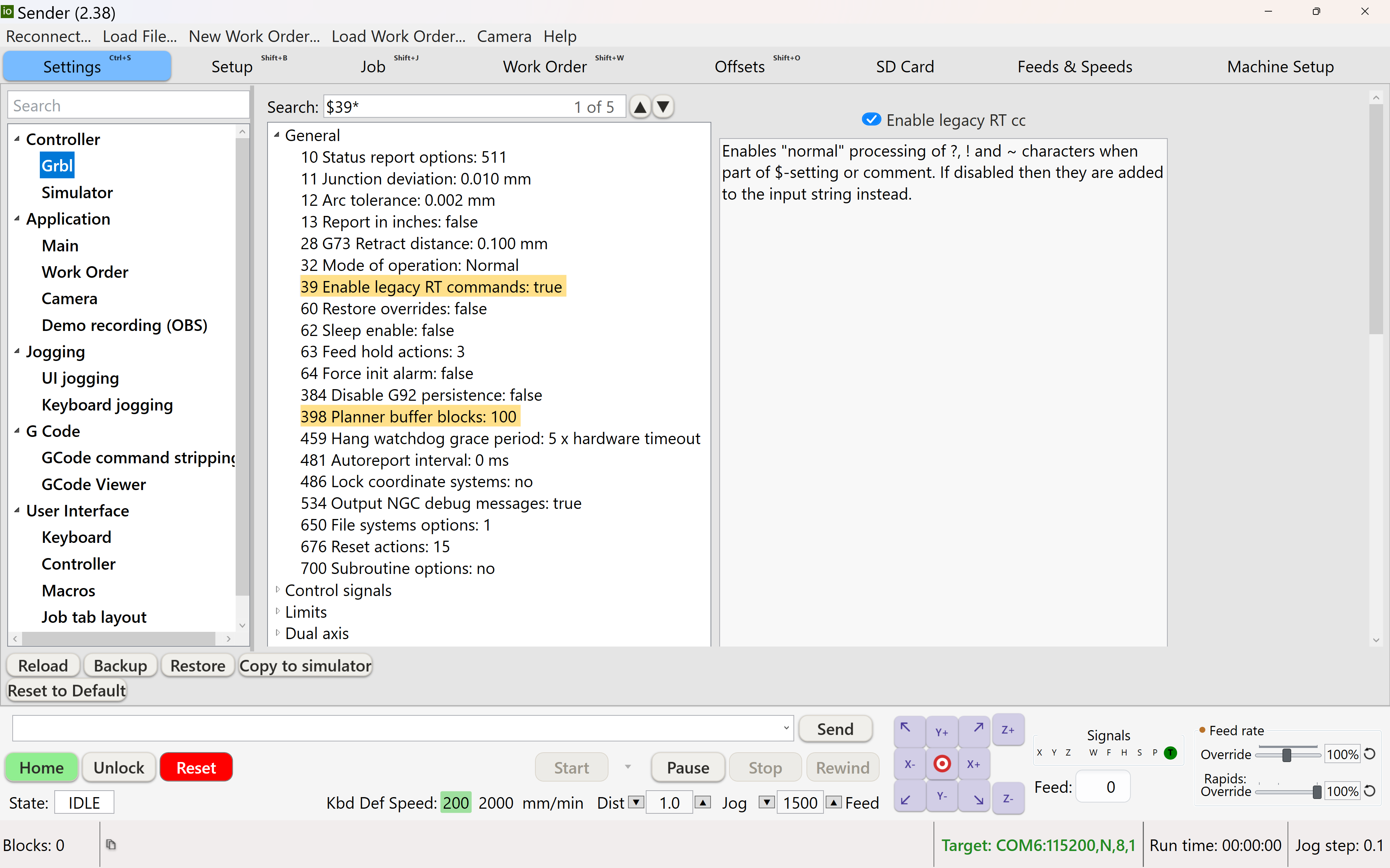 The Settings tab: the navigation tree on the left, the Grbl page on the right