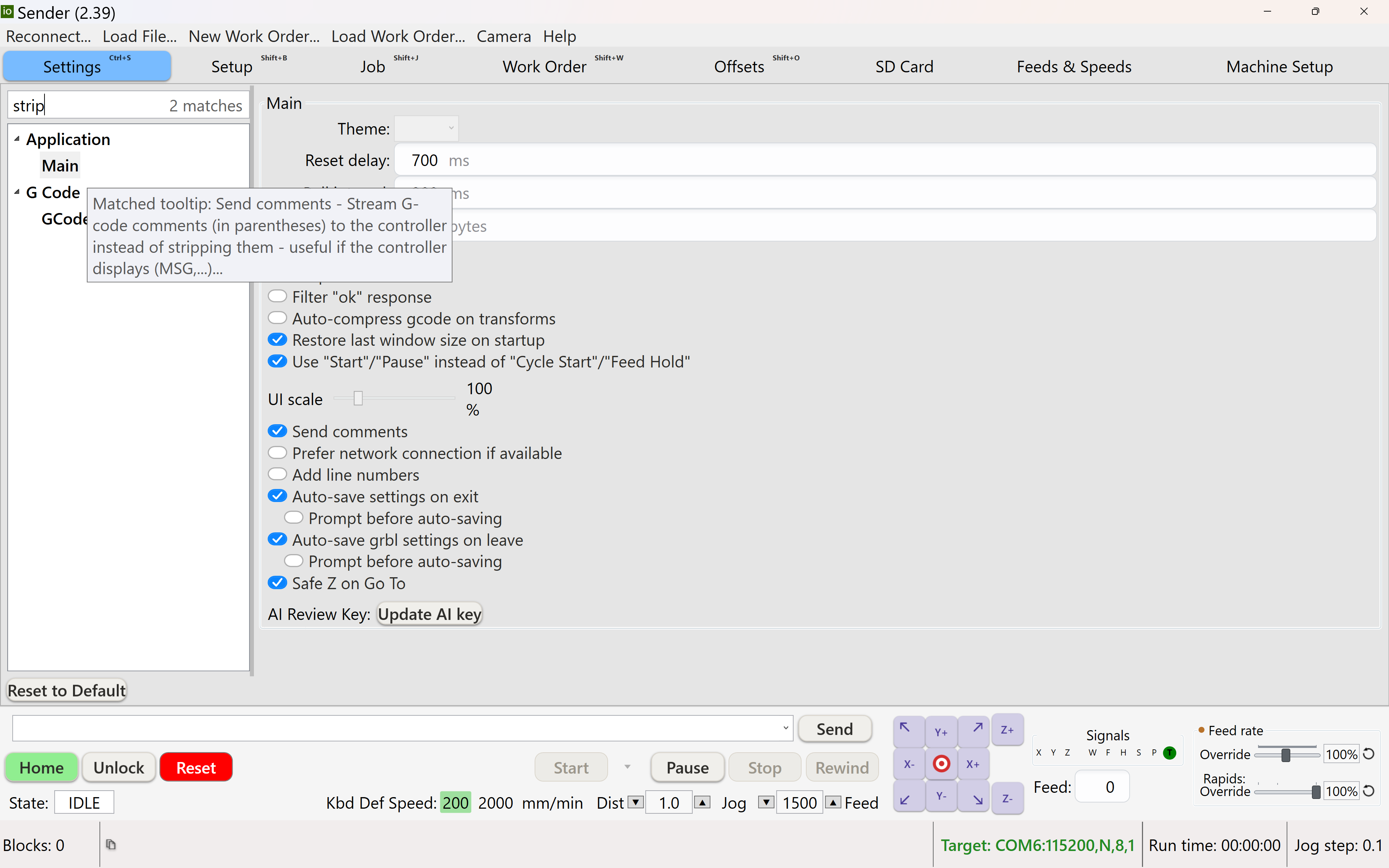 The Settings search filtered to two matches for the term strip, with the Matched tooltip explainer hovering over the Main entry
