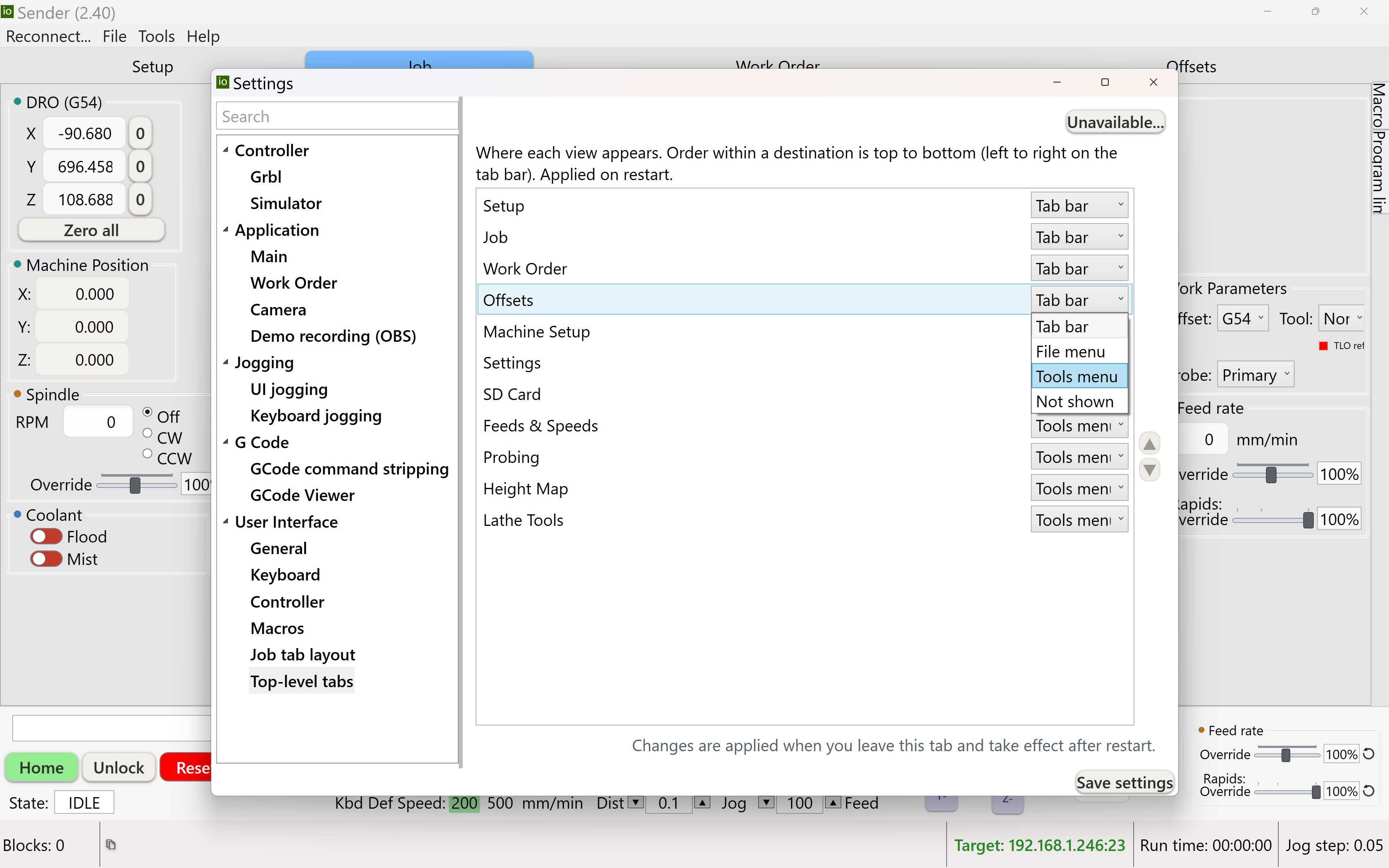 Settings, User Interface, Top-level tabs: a row per view with a destination dropdown, opened on Offsets to show Tab bar, File menu, Tools menu and Not shown