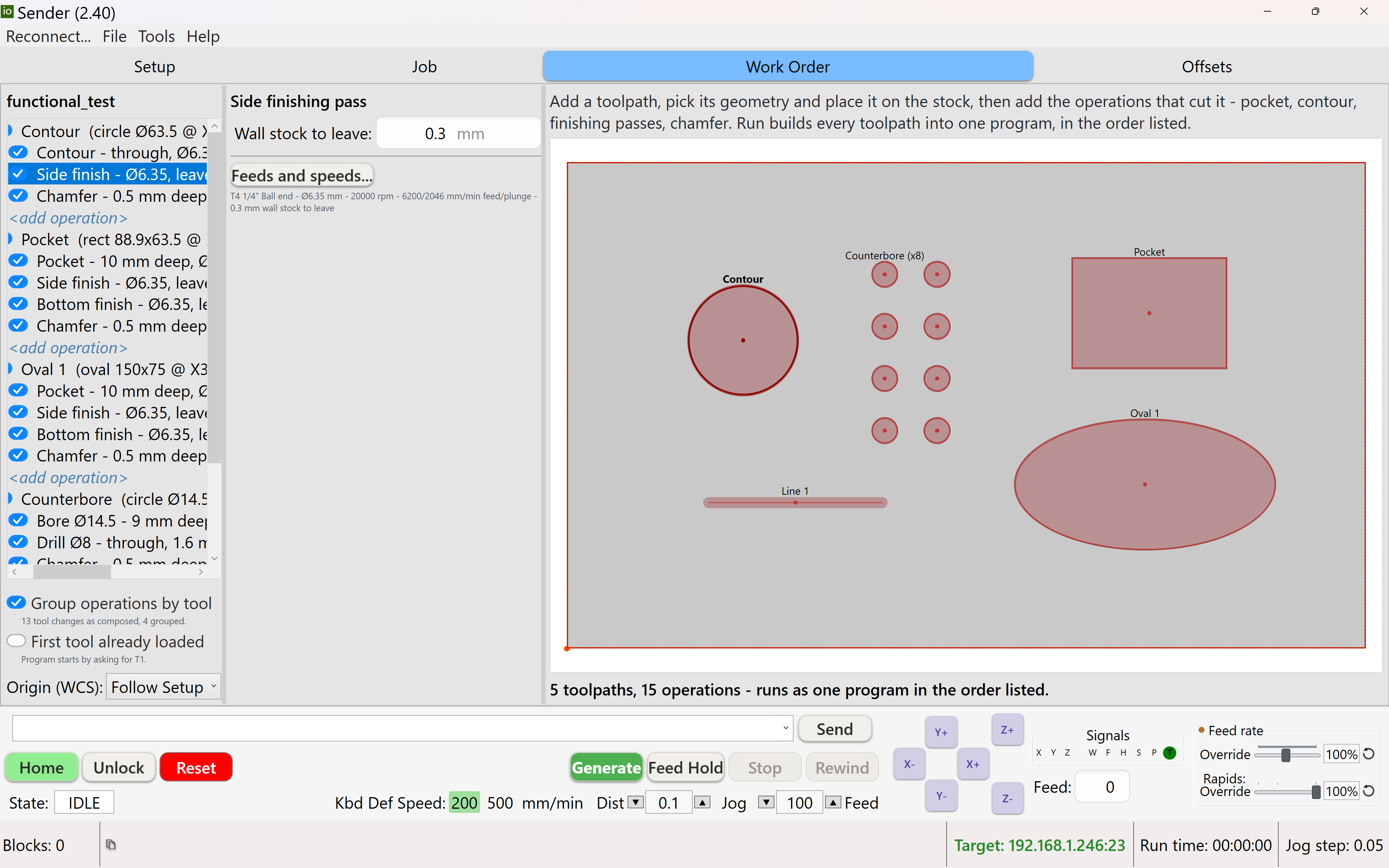The Work Order tab: a five-toolpath work order with its operations tree, a selected finishing pass, and the stock layout preview