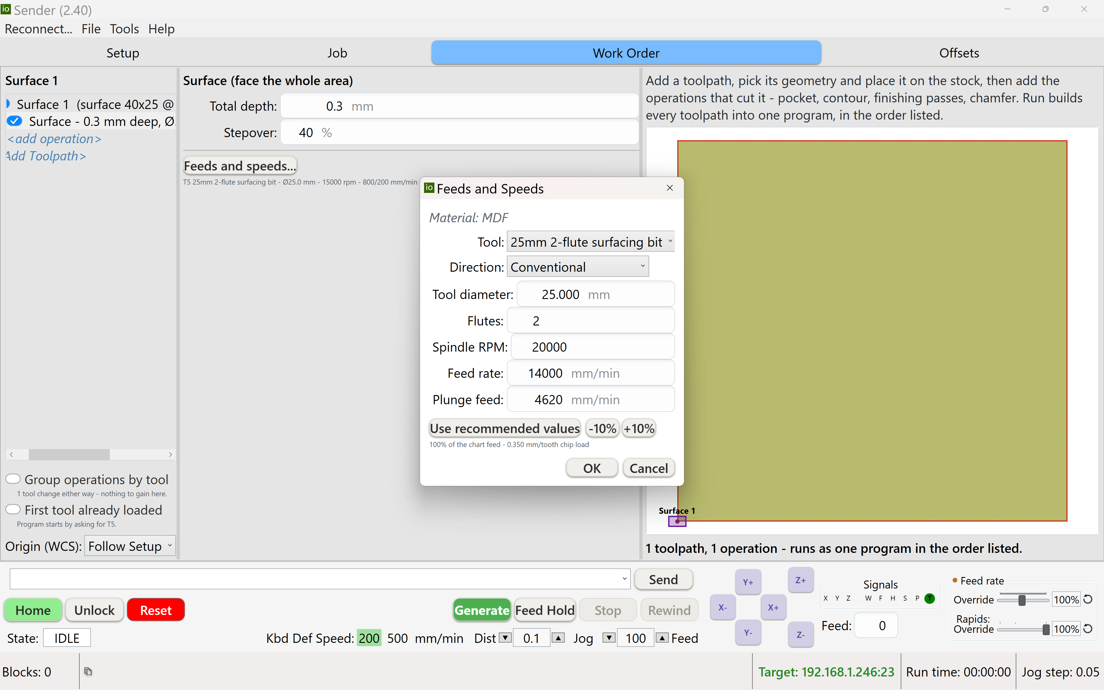 A Work Order holding one Surface toolpath, with the Feeds and Speeds dialog open showing material, tool, RPM and feed rates
