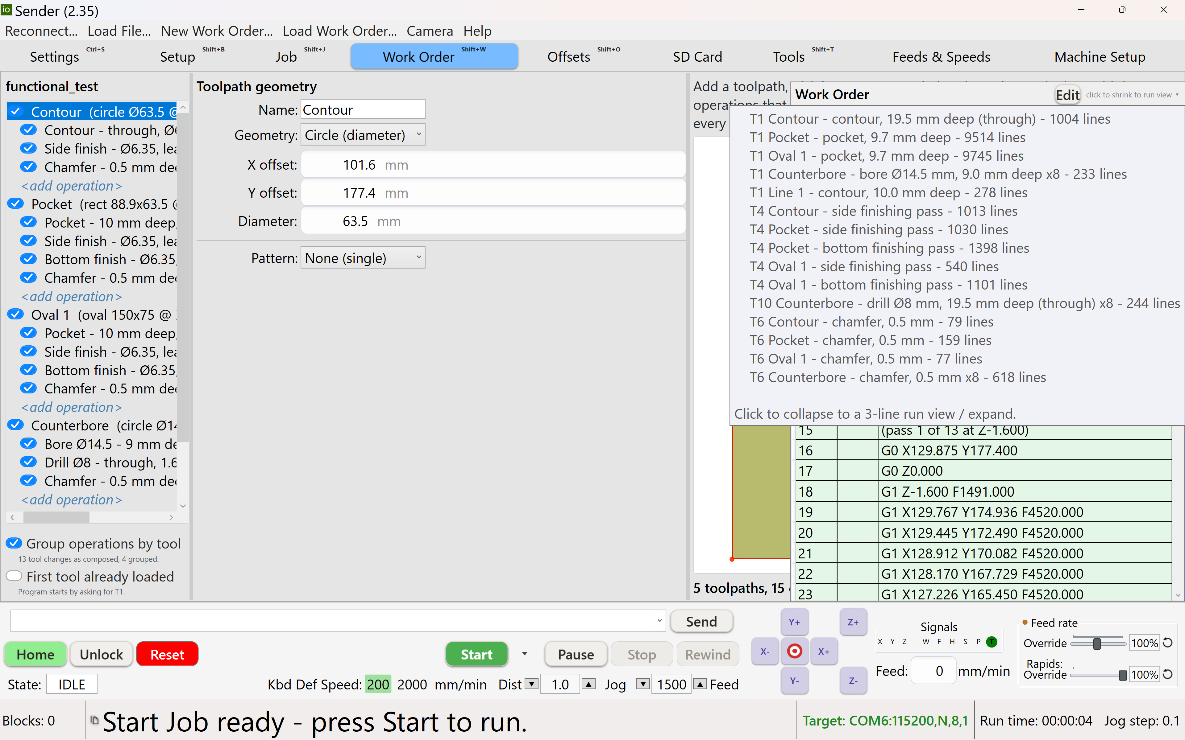 The Work Order tab with the compiled tool order and generated g-code shown in the flyout